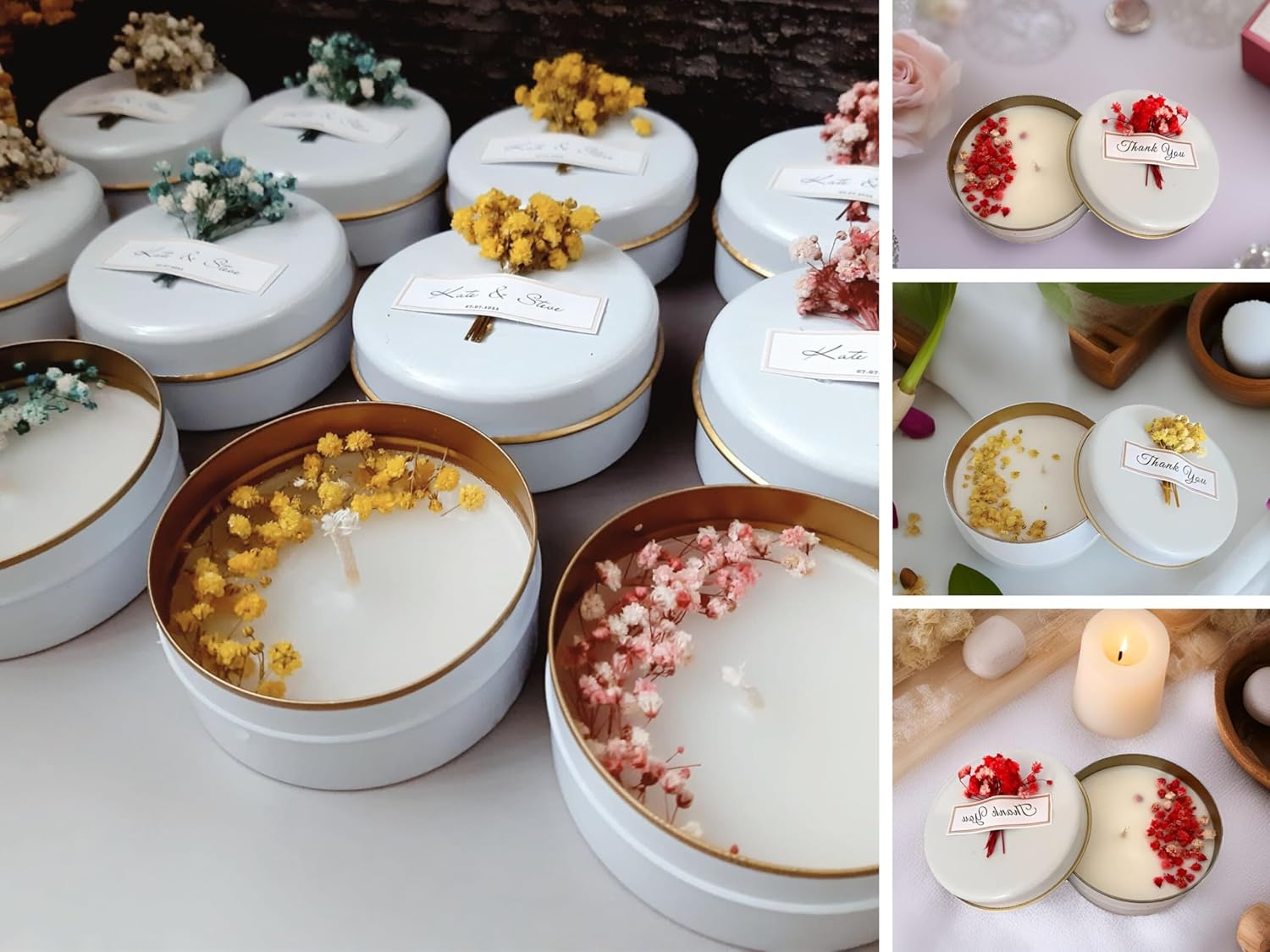 Personalized Natural Soy Wax Wedding Favor Candle Gift Set for Guest - Fall Winter Christmas Custom Dried Flower Bridal Baby Shower Gifts in Bulk (100 Pieces, White Flower)