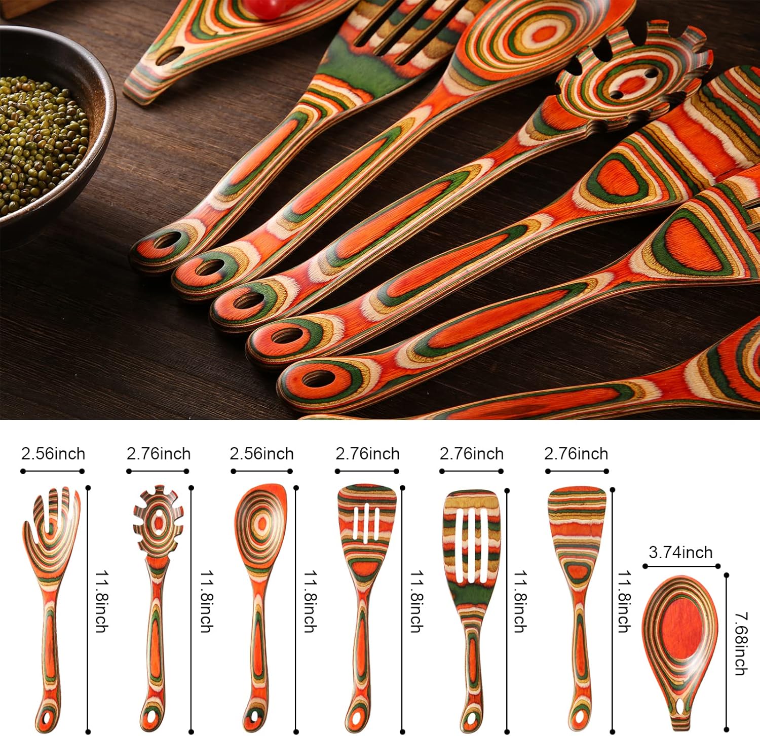 Kitchen Utensils Set for Cooking, NAYAHOSE 7 Pcs Pakkawood Wooden Cooking Spoons & Spatulas with Spoon Rest, Safe for Non-Stick Cookware, Housewarming Kitchen Souvenir (Colorful Spoon-7pcs)