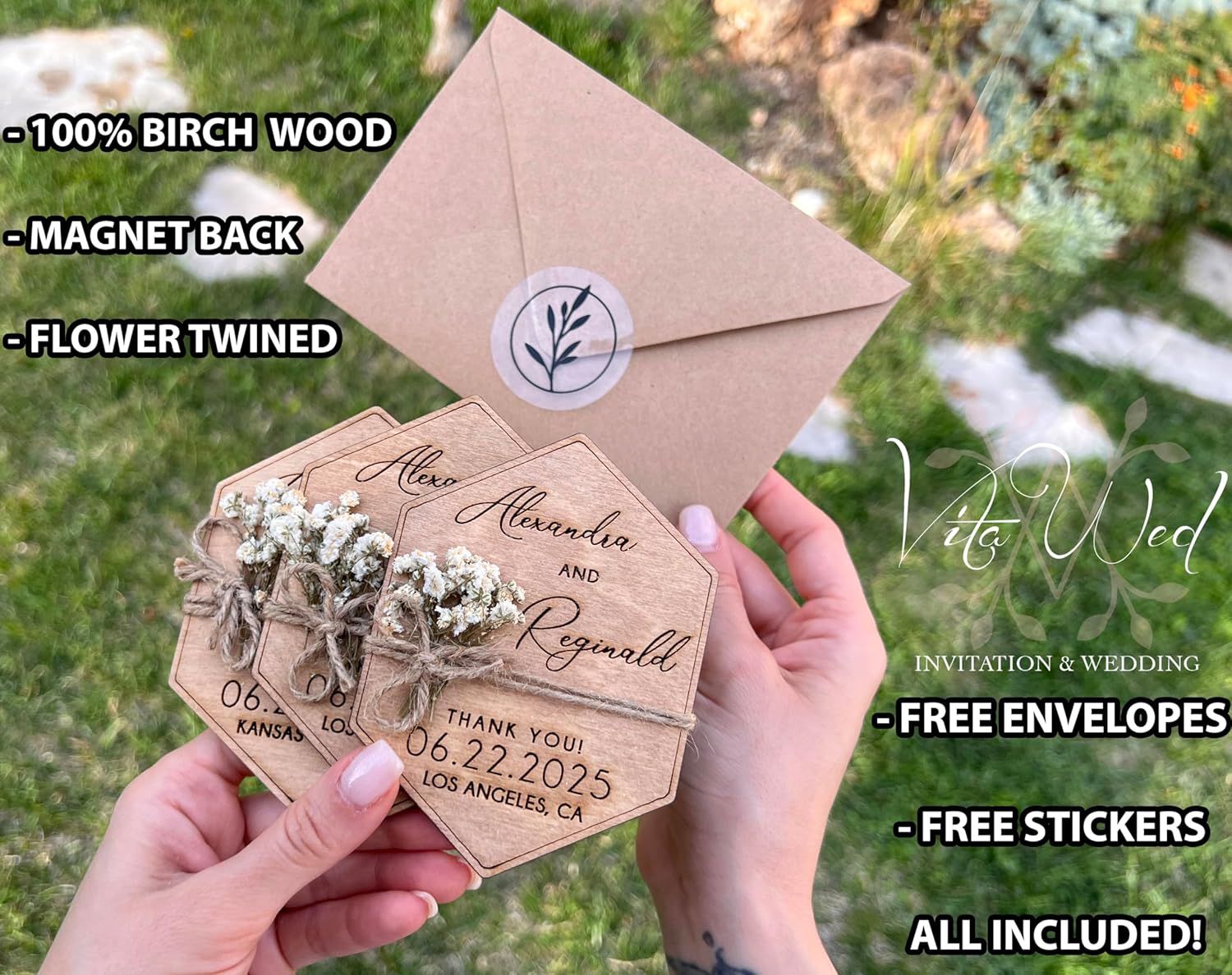 Wooden-Floral Personalized Wedding Favors for Guests, Wedding Party Favors Magnets with Envelopes and Stickers, Pack of 12 to 300
