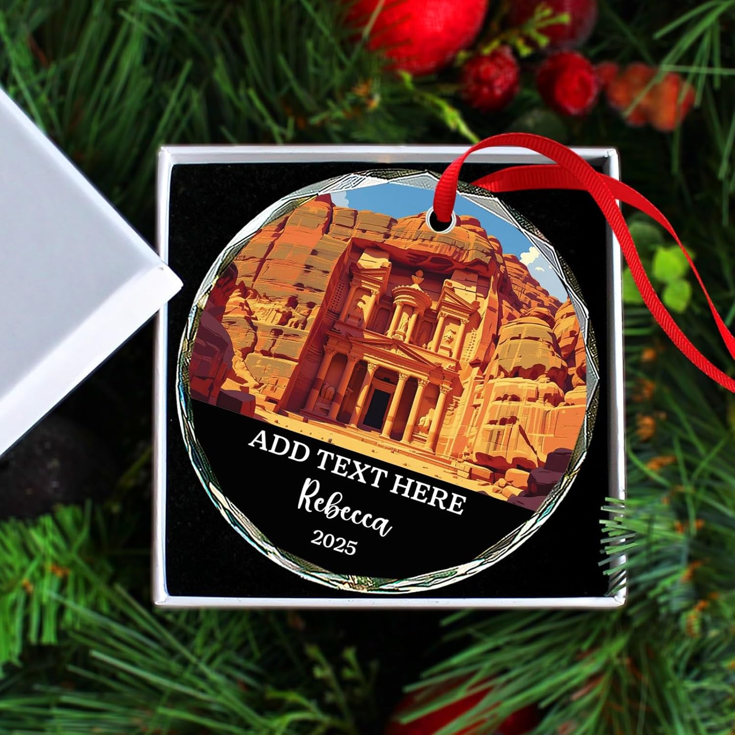 Petra Christmas Glass Ornament, Personalized Text & Name Petra Jordan Keepsake Gifts for Travel Lovers, Jordan Souvenir Glass Ornaments Xmas Tree Hanging, Custom Travelling Ornament Decoration 2025