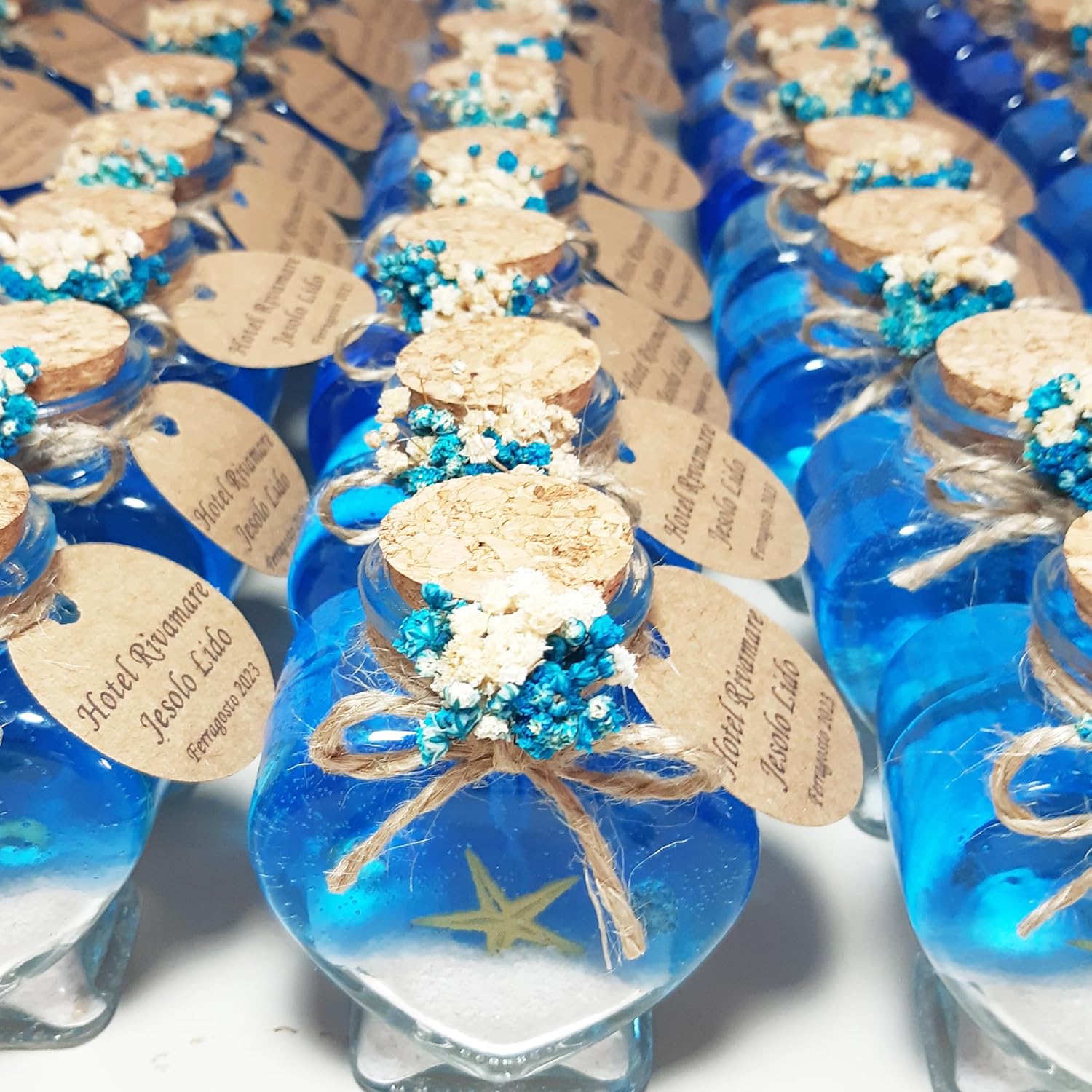Wedding Favor guest Bulk, Set of Heart Glass Candle Party with custom sticker and dried flowers for guest in Bridal Party, Baby shower gifts (Blue Gel white sand, Set of 30)