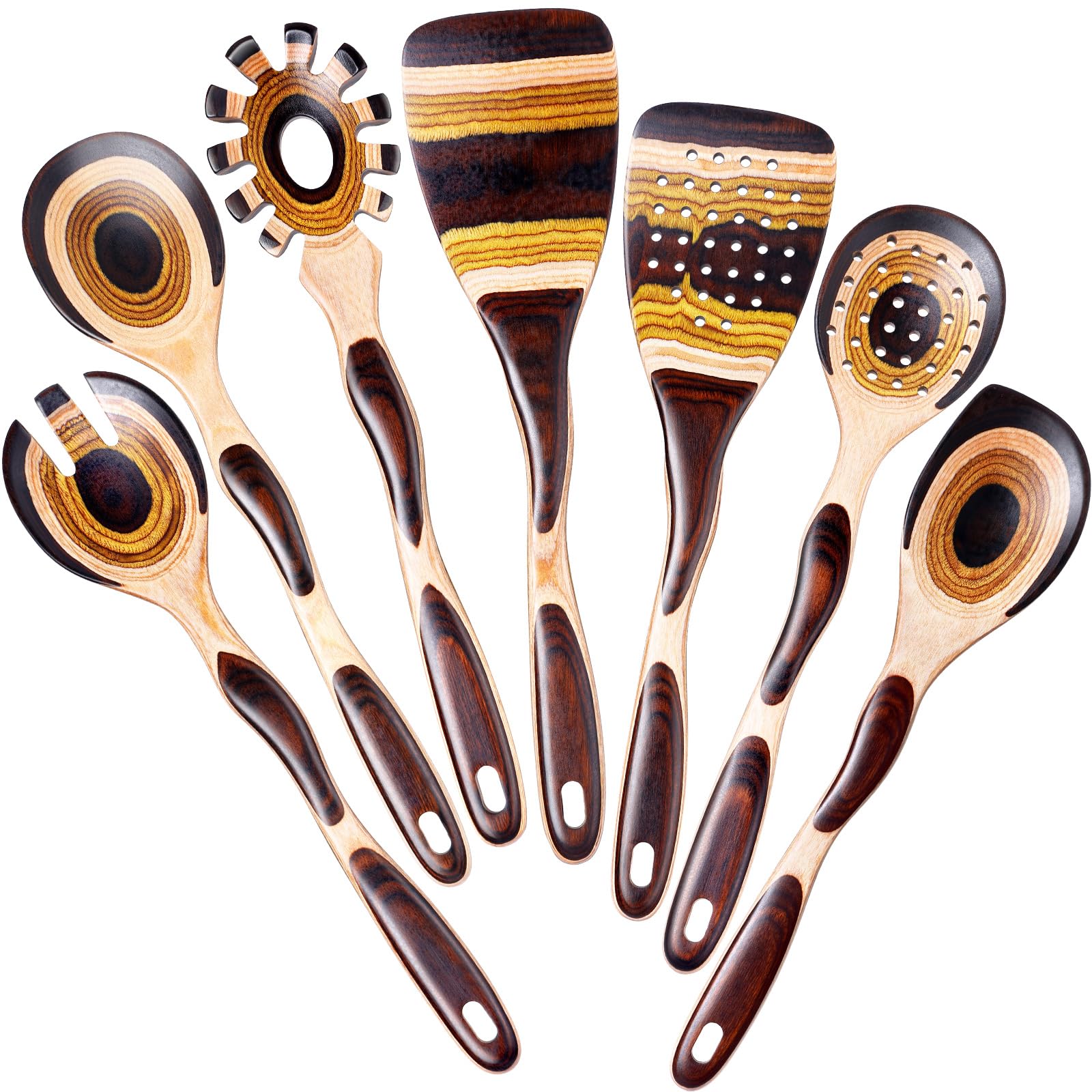 Kitchen Utensils Set for Cooking, NAYAHOSE 7 Pcs Pakkawood Wooden Cooking Spoons & Spatulas with Spoon Rest, Safe for Non-Stick Cookware, Housewarming Kitchen Souvenir (Colorful Spoon-7pcs)