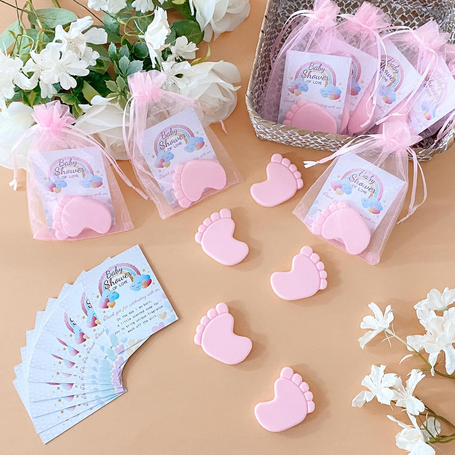 100 Sets Baby Shower Favors Refreshing Foot Soap Perfect Baby Shower Favors for Guests, Gifts, and Prizes with Organza Bags Thanks Cards (Pink)