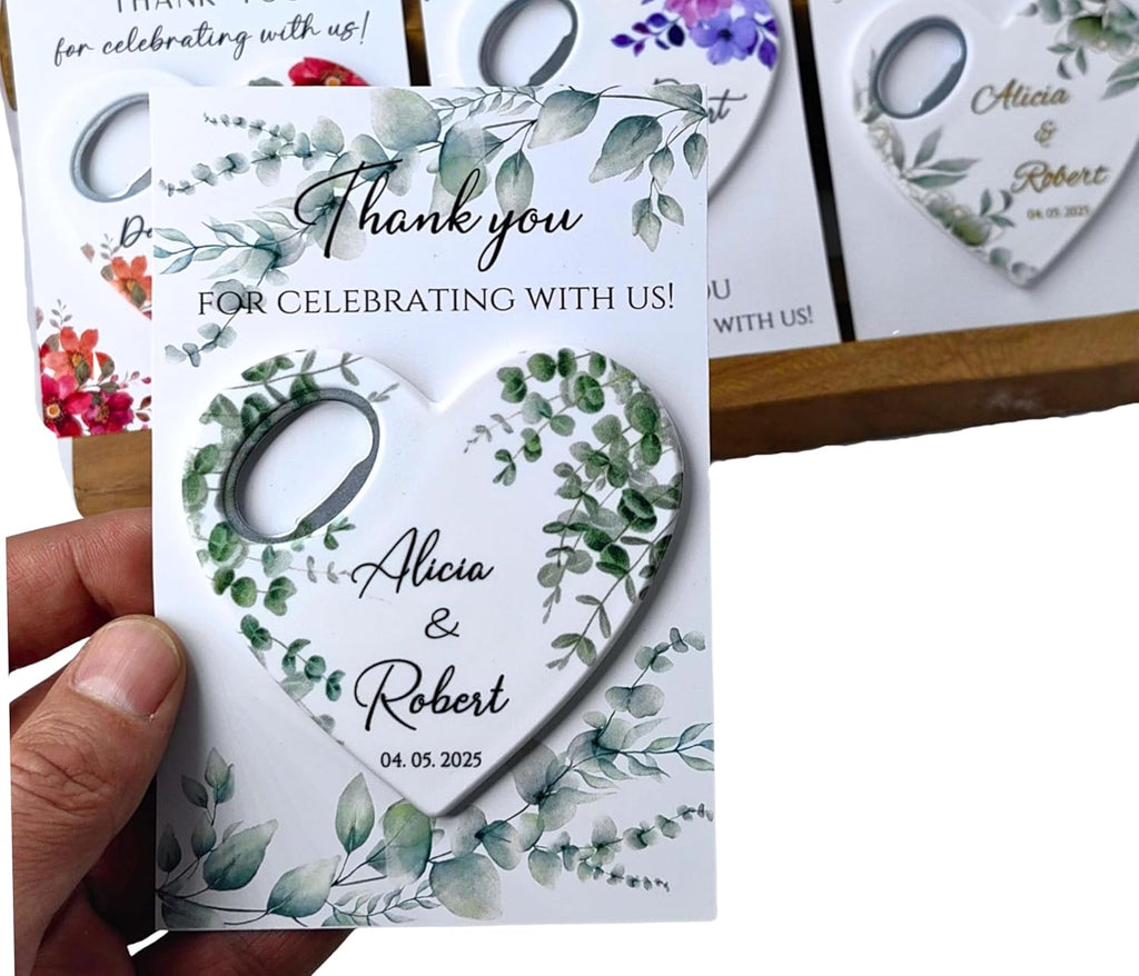 Wedding Bottle Opener Favors for Guests in Bulk, Hearts Shape Bottle Opener, Personalized Party Favors in Bulk, Wedding Favor Guests. 20 to 300 pcs. Custom Fridge Bottle Opener