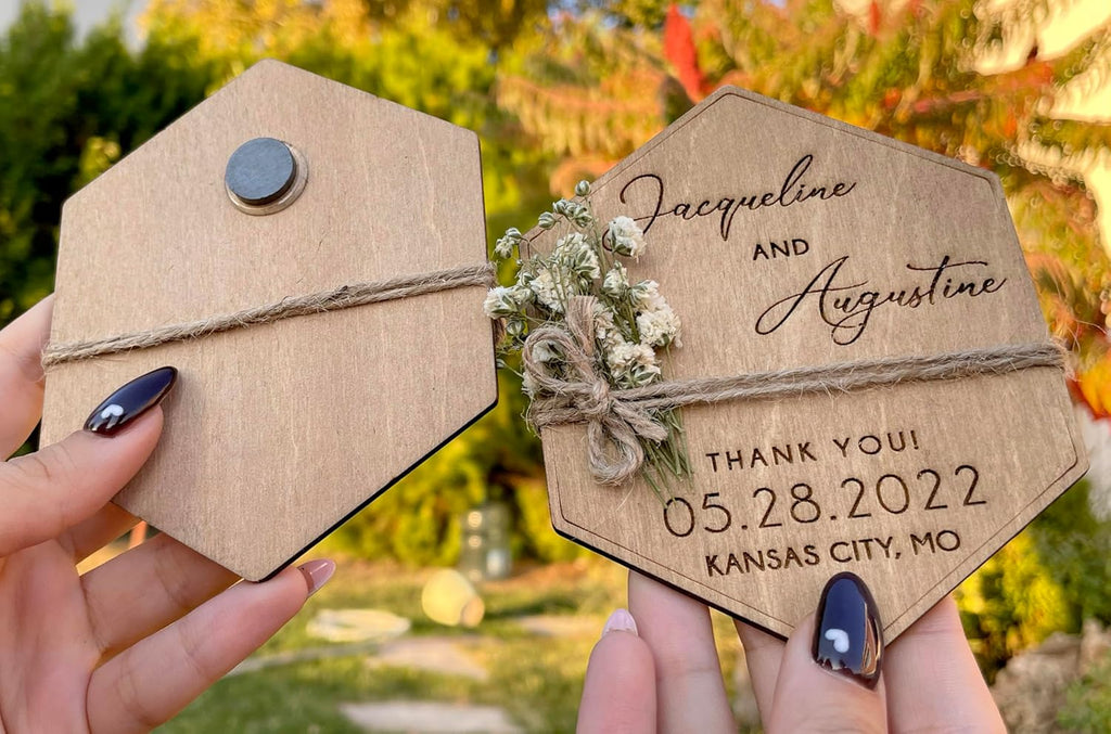 Wooden-Floral Personalized Wedding Favors for Guests, Wedding Party Favors Magnets with Envelopes and Stickers, Pack of 12 to 300