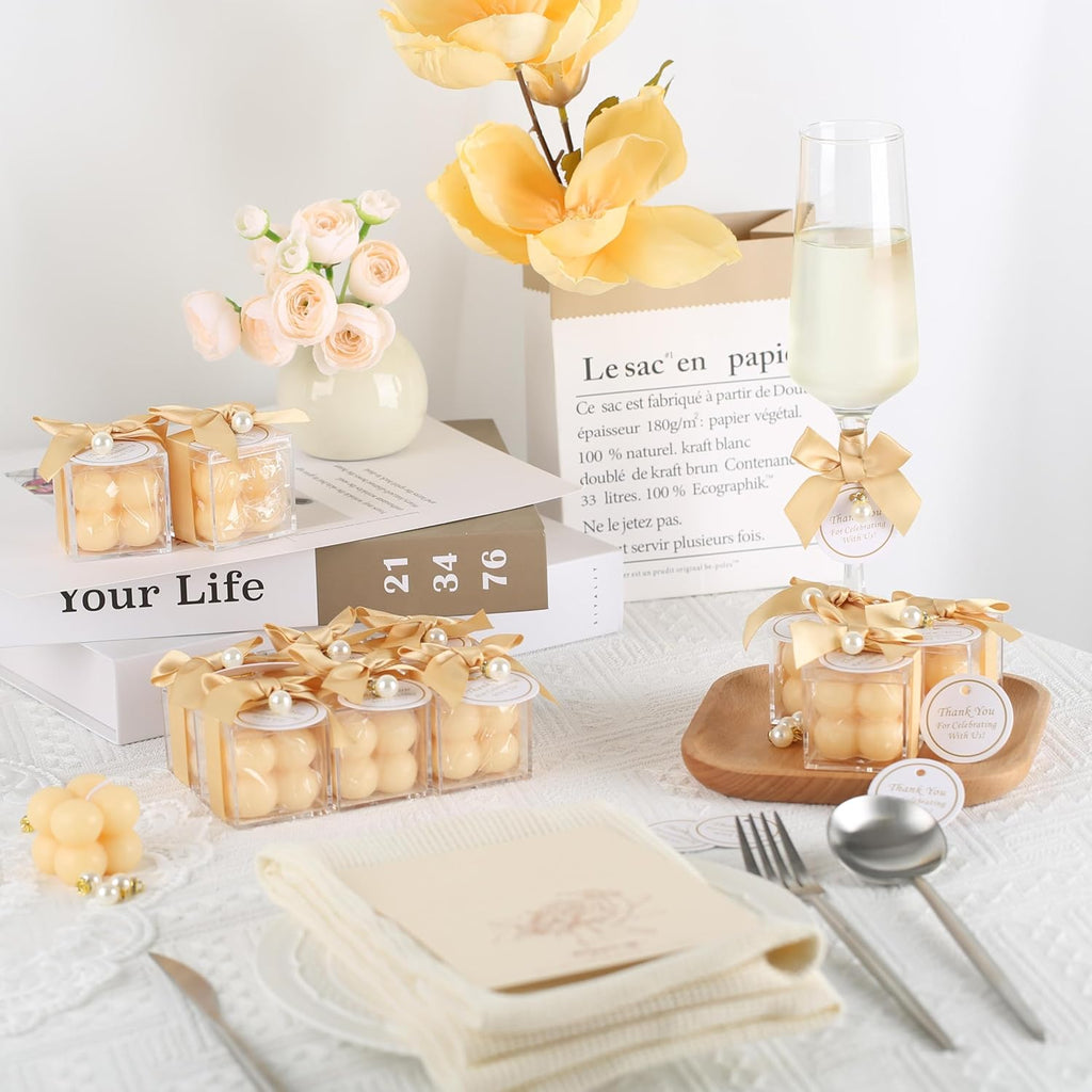 ACITHGL 30 Sets Fully Assembled Small Bubble Candle Party Favors for Guests Bulk Bridal Showers Favors Candles with Stylish Ribbons Thank You Cards Gifts (Champagne)