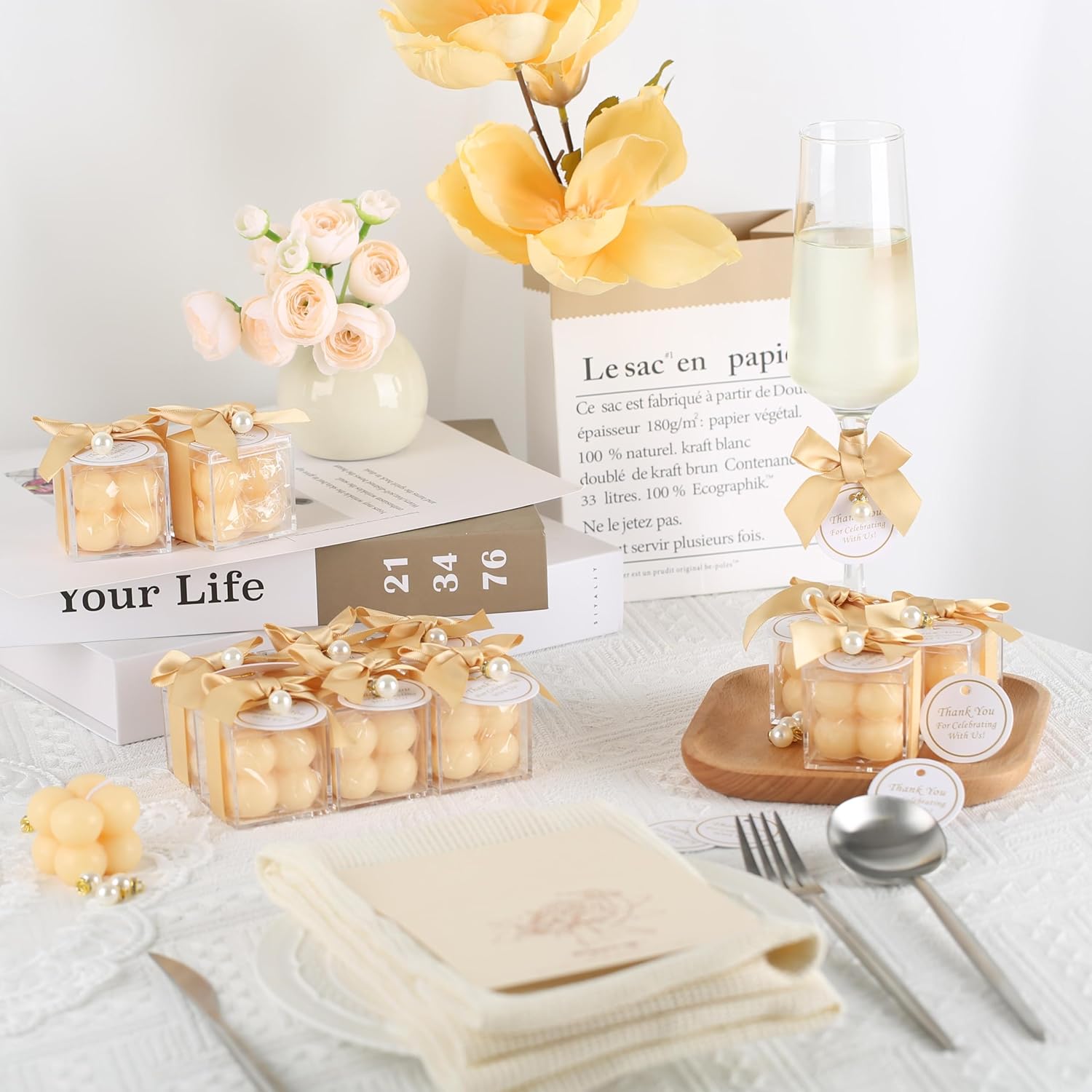 ACITHGL 30 Sets Fully Assembled Small Bubble Candle Party Favors for Guests Bulk Bridal Showers Favors Candles with Stylish Ribbons Thank You Cards Gifts (Champagne)