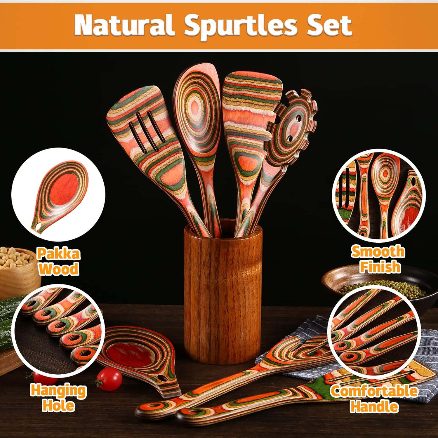 Kitchen Utensils Set for Cooking, NAYAHOSE 7 Pcs Pakkawood Wooden Cooking Spoons & Spatulas with Spoon Rest, Safe for Non-Stick Cookware, Housewarming Kitchen Souvenir (Colorful Spoon-7pcs)