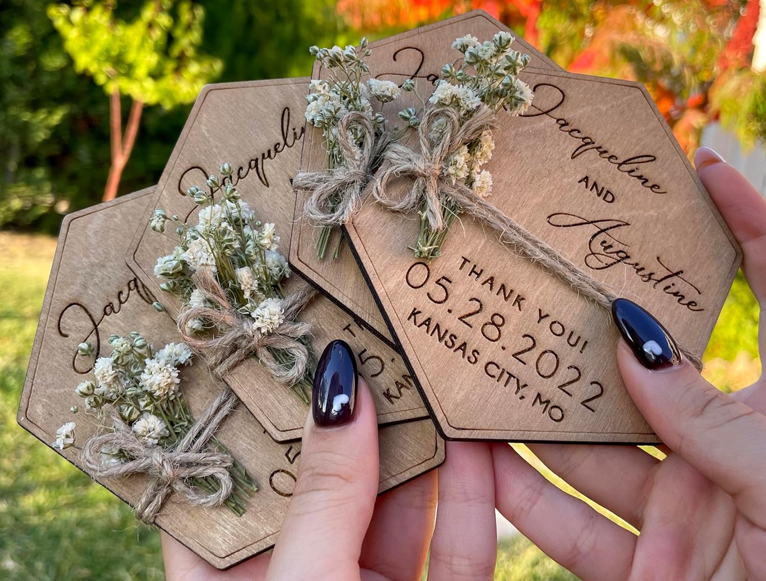 Wooden-Floral Personalized Wedding Favors for Guests, Wedding Party Favors Magnets with Envelopes and Stickers, Pack of 12 to 300