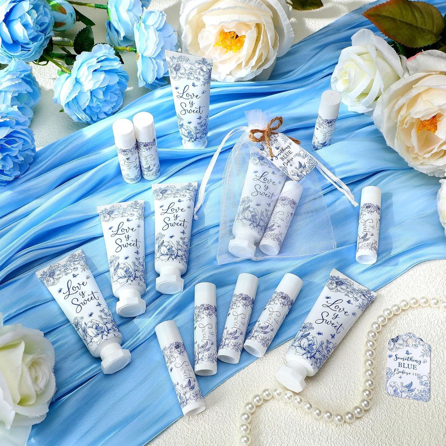 48 Sets Something Blue Before I Do Bridal Shower Hand Cream and Lip Balm Gift Bulk Blue Floral Wedding Favors Travel Size Hand Lotion and Lip Balm Bridal Shower Party Supplies for Guest