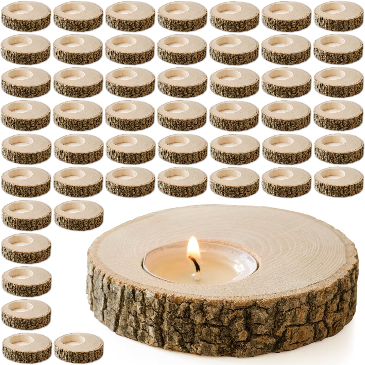 Wooden Tealight Candle Holder - 50 Adorable Thank You Gifts, Perfect for Wedding Favors, Ideal Rustic Decor Piece and Party Decoration - Customize and Gift (50, Undecorated)