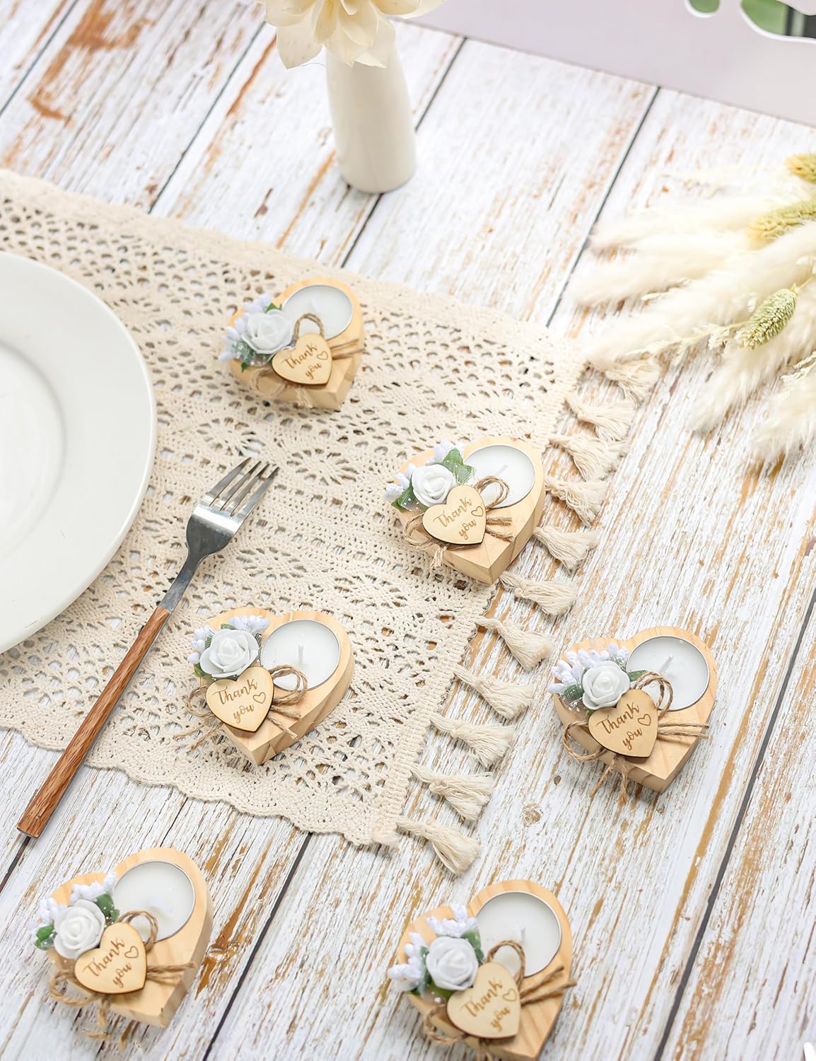 Wooden TeaLight Set with Heart Candle Holder for Wedding Favors for Guests, Christmas Party Favors, Birthday Party Favors, Return Favors, Bridal Shower Favors.(50 Pieces)