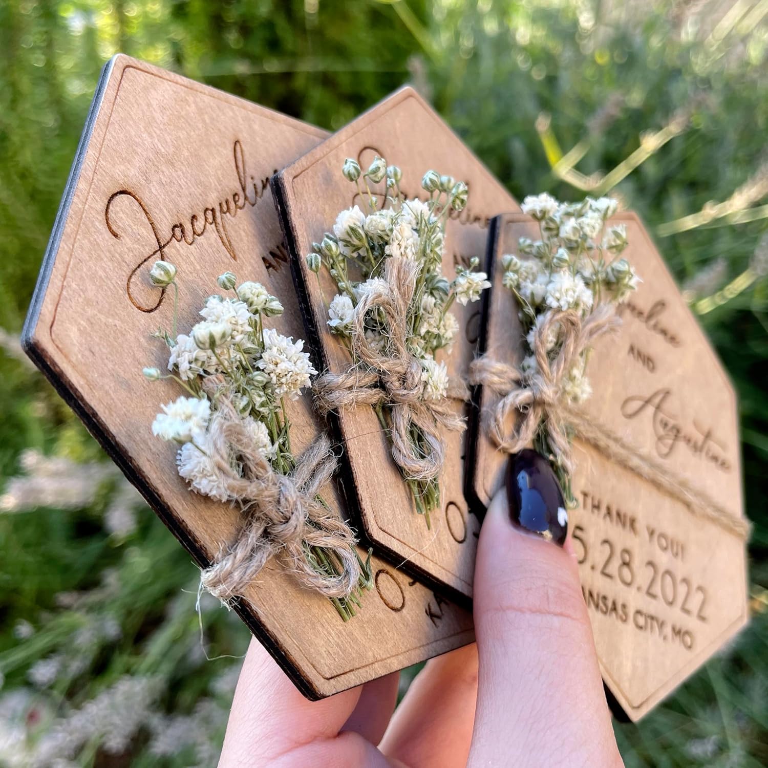 Wooden-Floral Personalized Wedding Favors for Guests, Wedding Party Favors Magnets with Envelopes and Stickers, Pack of 12 to 300