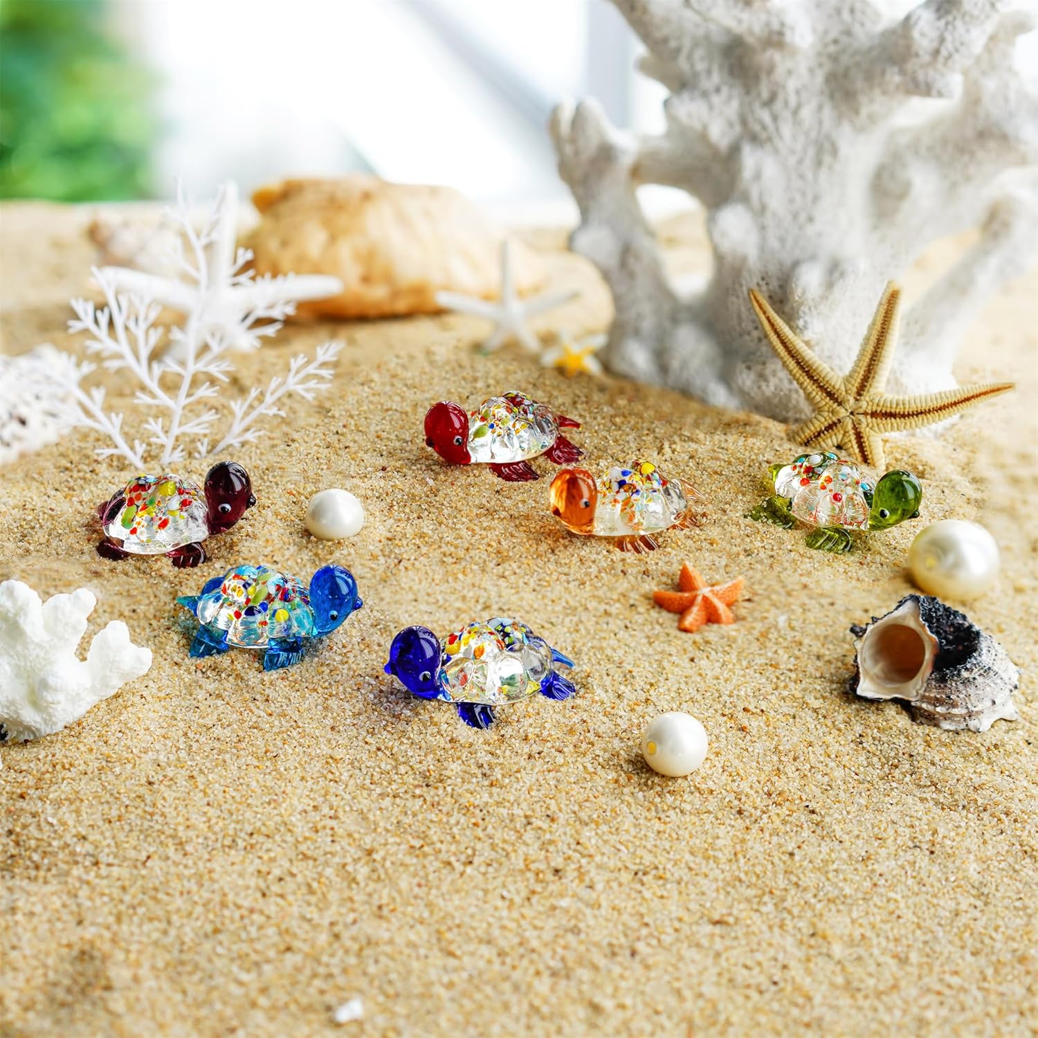 H&D HYALINE & DORA Handmade Mini Sea Turtle Art Glass Blown Sea Animal Figurine,Set of 6