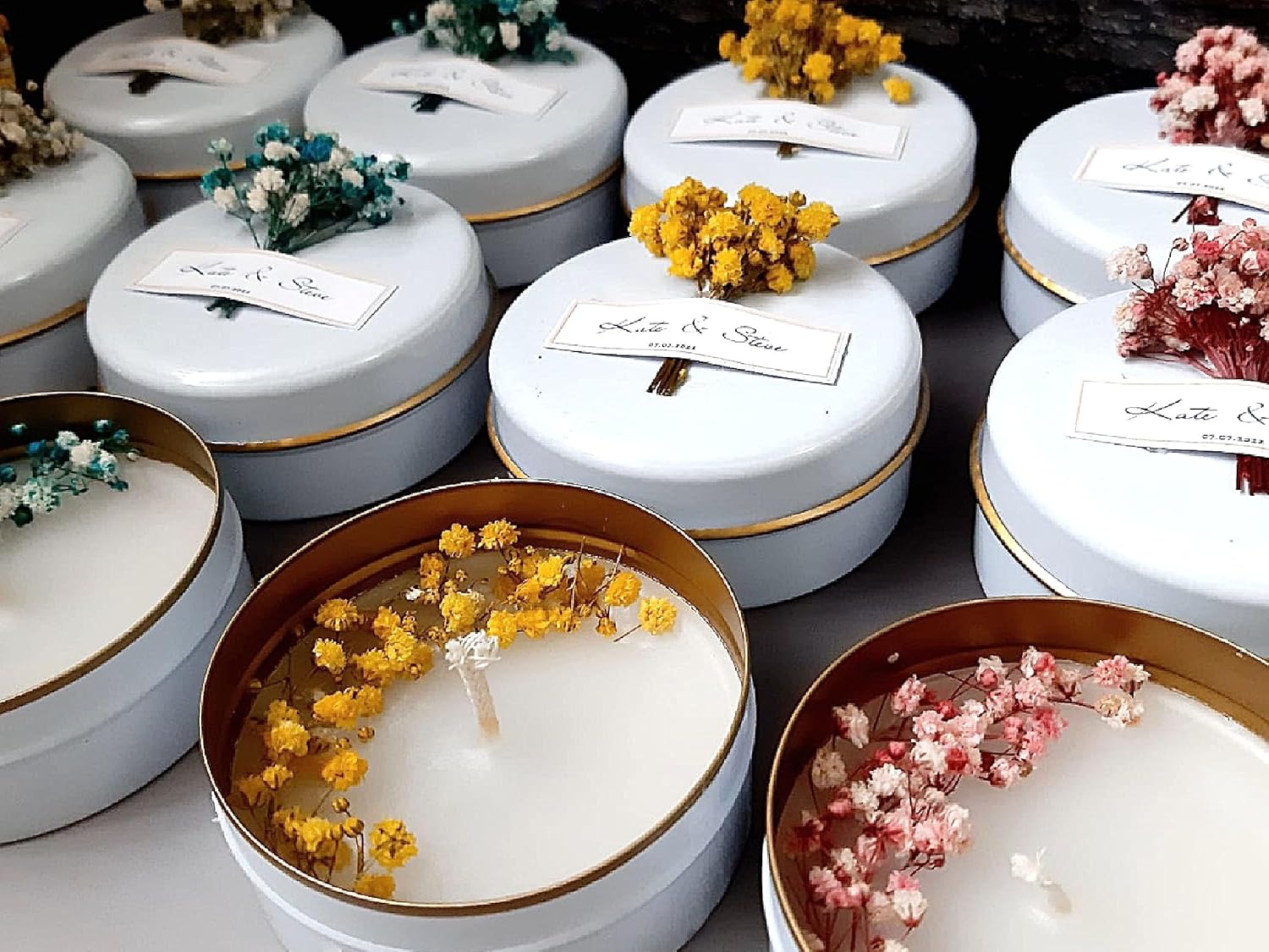 Personalized Natural Soy Wax Wedding Favor Candle Gift Set for Guest - Fall Winter Christmas Custom Dried Flower Bridal Baby Shower Gifts in Bulk (10 Pieces, Pink Flower)