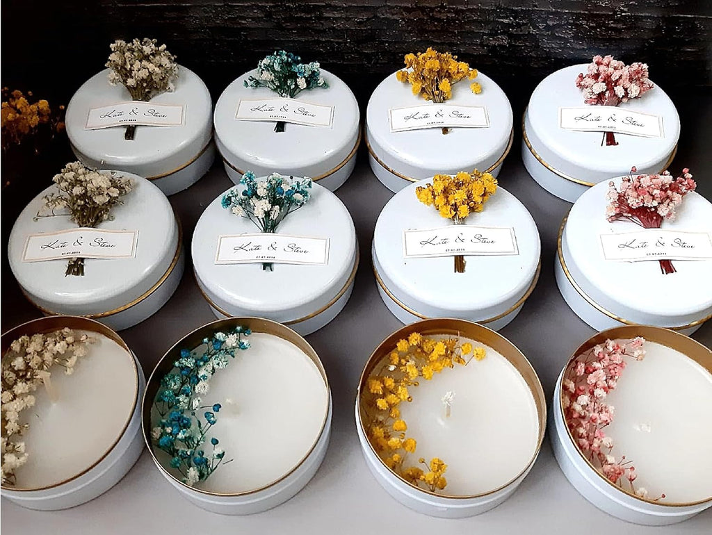 Personalized Natural Soy Wax Wedding Favor Candle Gift Set for Guest - Fall Winter Christmas Custom Dried Flower Bridal Baby Shower Gifts in Bulk (100 Pieces, White Flower)