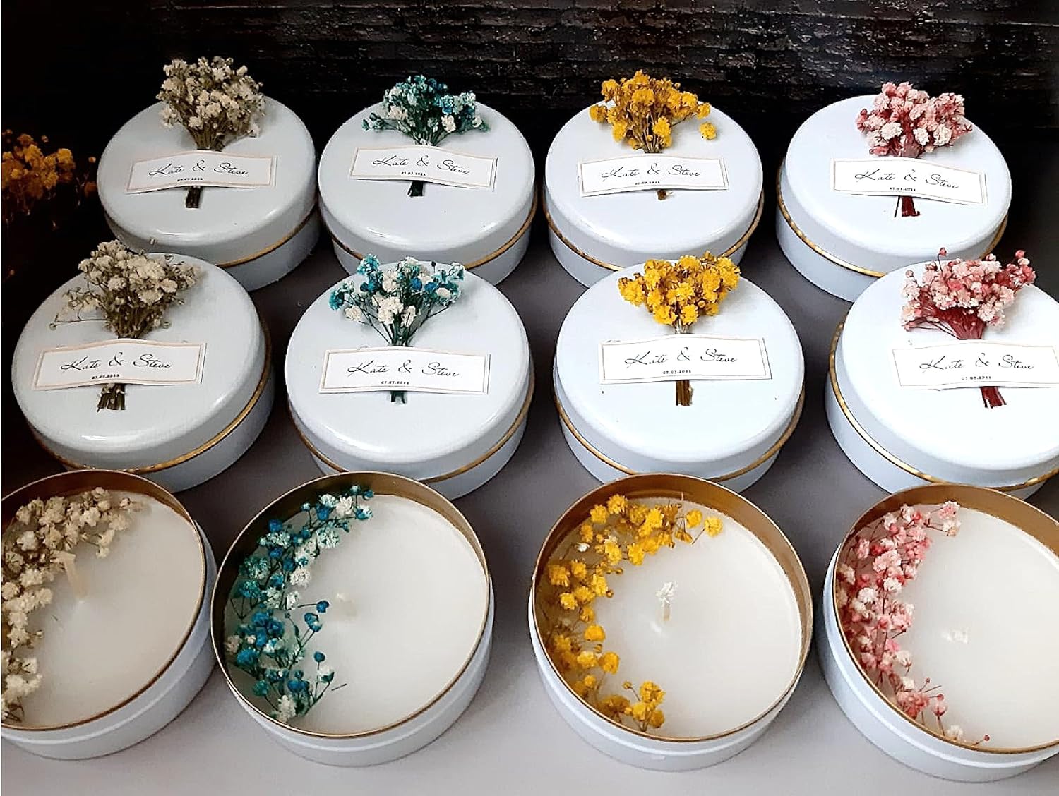 Personalized Natural Soy Wax Wedding Favor Candle Gift Set for Guest - Fall Winter Christmas Custom Dried Flower Bridal Baby Shower Gifts in Bulk (100 Pieces, White Flower)